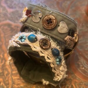 Handmade upcycled tattered crochet and button boho gypsy wrap bracelet cuffs